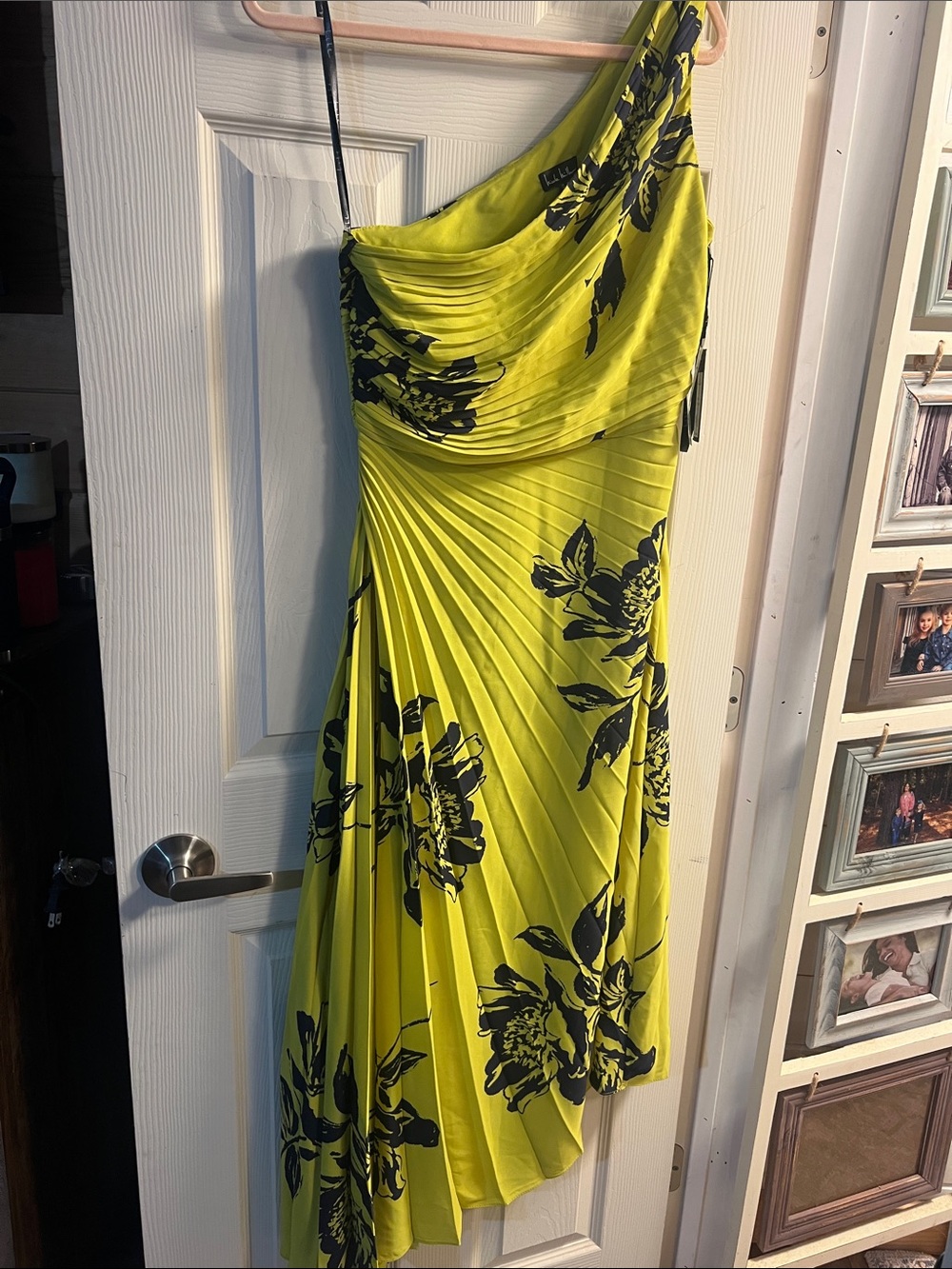 Nicole Miller One-Shoulder Lime Yellow Dress with Black Floral Print